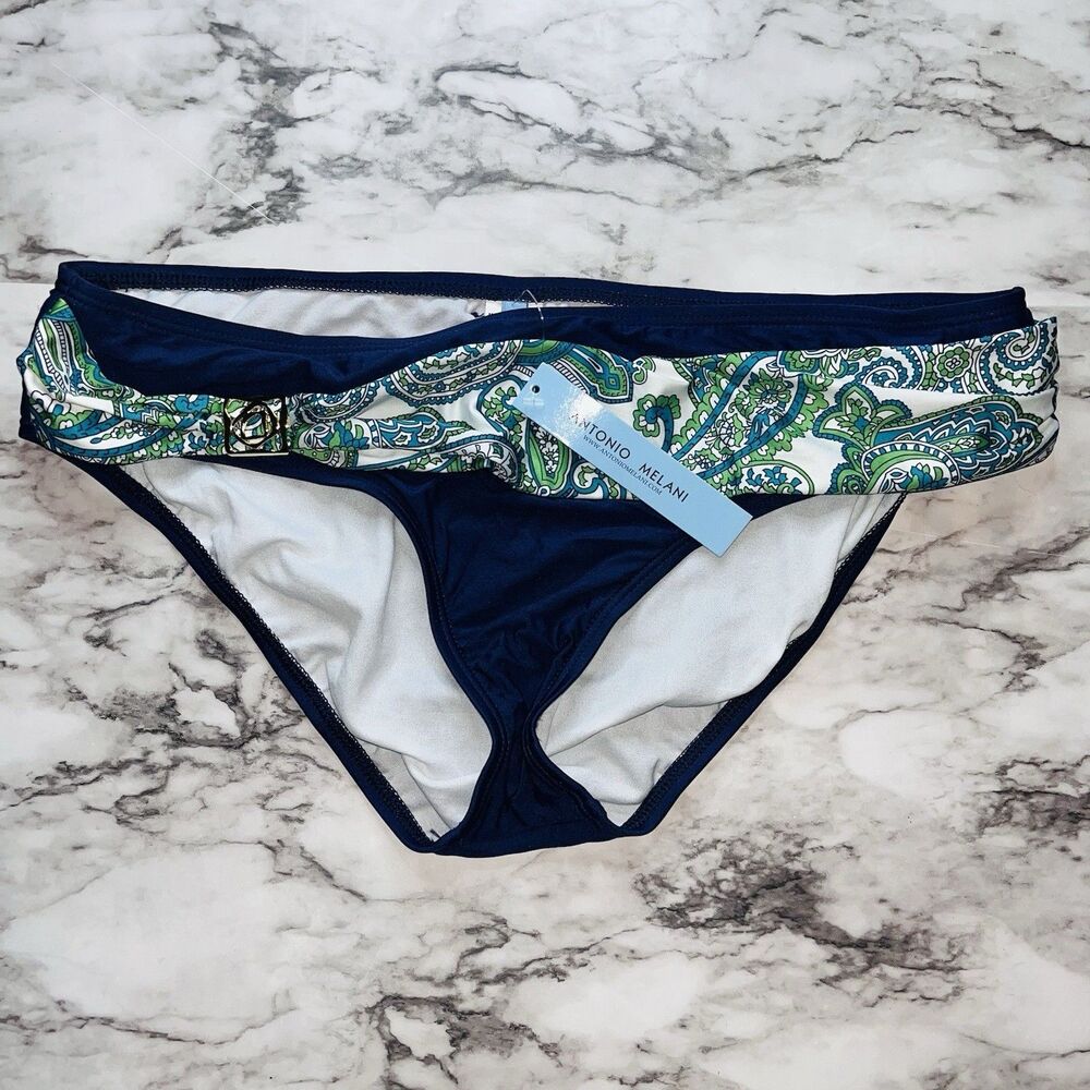 NWT Antonio Melani Women Navy Paisley Bikini Bottom Lg Bathing Suit Beach Pool